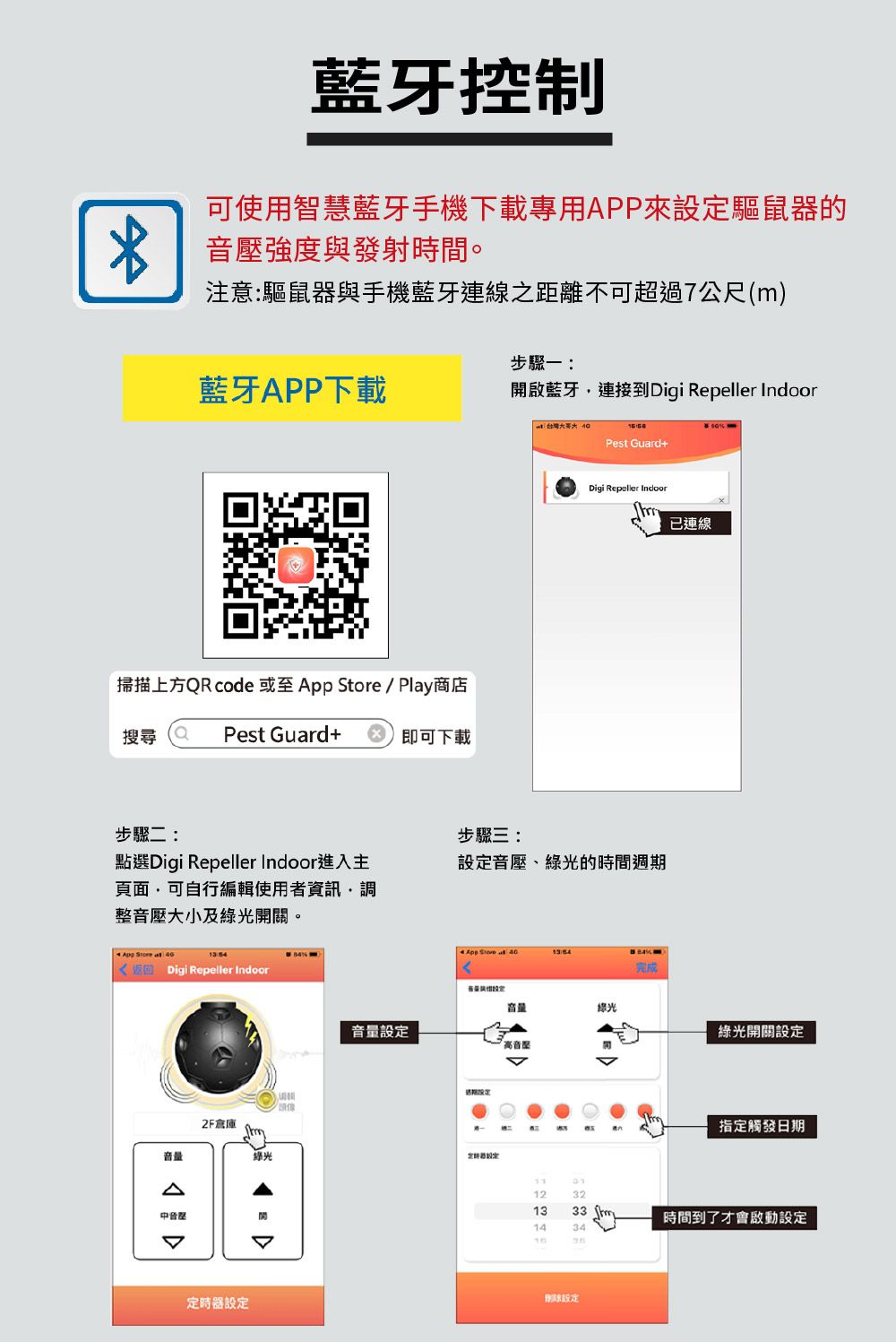 藍牙控制可使用智慧藍牙手機下載專用APP來驅鼠器的音強度與發射時間。注意:驅鼠器與手機藍牙連線之距離不可超過7公尺()步驟一:藍牙APP下載啟藍牙連接到Digi  Indoor 台灣 Pest Guard+掃描上方QR code 或至   / Play商店搜尋Pest Guard+步驟二:即可下載步驟三:Digi Repeller Indoor點選Digi Repeller Indoor進入主頁面可自行編輯使用者資訊,設定音、綠光的時間週期整音壓大小及綠光開關。App   Digi Repeller Indoor倉庫App Store 完成音量綠光音量設定高音壓連線綠光開關設定指定觸發日期△12321333 m壓開時間到了才會啟動設定1434定時器設定設定