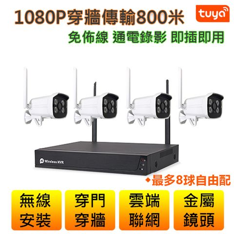 （4路固定鏡頭套裝）1080P無線級聯 戶外防水無線錄音廣播 TUYA遠端APP手機NVR攝影機