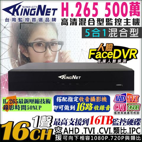 KingNet 帝網 監視器 16路監控主機 500萬   人臉偵測 5MP H.265壓縮 1080P 類比  AHD TVI CVI IPC 向下相容 手機遠端 電腦監看