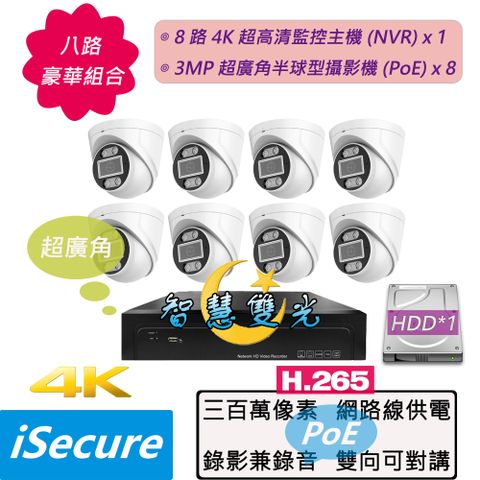 iSecure_八路 "智慧雙光" 監視器組合: 1 部八路 4K 超高清網路型監控主機 (NVR) + 8 部智慧雙光 3MP 超廣角半球型攝影機 (PoE)