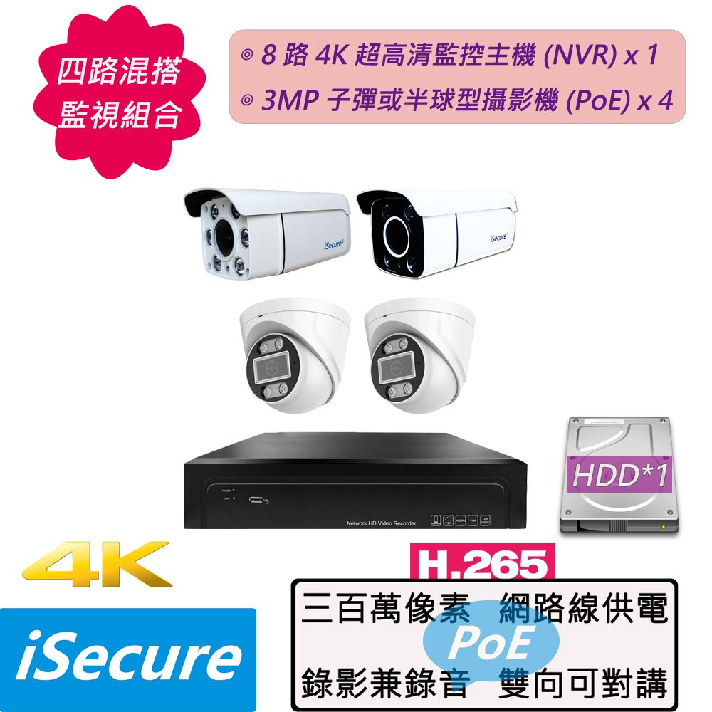 iSecure 英廣連 _四路 "混搭 " 監視器組合: 1 部八路 4K 超高清網路型監控主機 (NVR) + 4 部 3MP 子彈或半球型攝影機 (PoE)