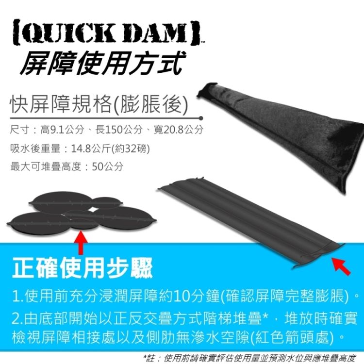 【QUICK 屏障使用方式快屏障規格(膨脹後)尺寸:高9.1公分、長150公分、寬20.8公分吸水後重量:14.8公斤(約32磅)最大可堆疊高度:50公分正確使用步驟1.使用前充分浸潤屏障約10分鐘(確認屏障完整膨脹)2.由底部開始以正反交疊方式階梯堆疊*堆放時確實檢視屏障相接處以及側無滲水空隙(紅色箭頭處)。*註:使用前請確實評估使用量並預測水位與應堆疊高度