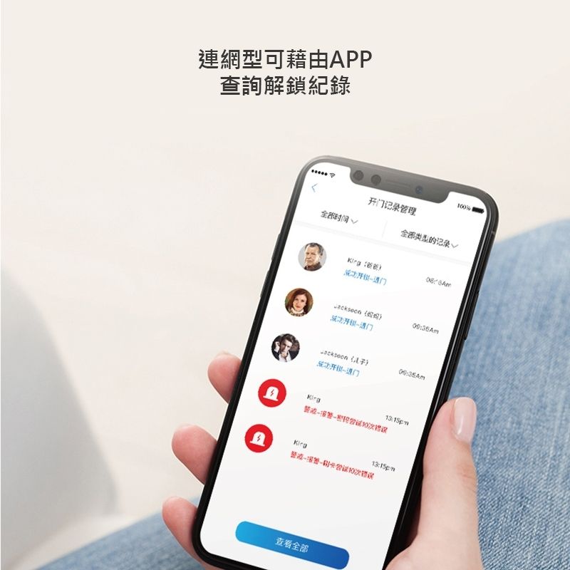 連網型可藉由PP查詢解鎖紀錄0 开门记录理的记录√  成功 :成功进门A次错误管10次错误全部