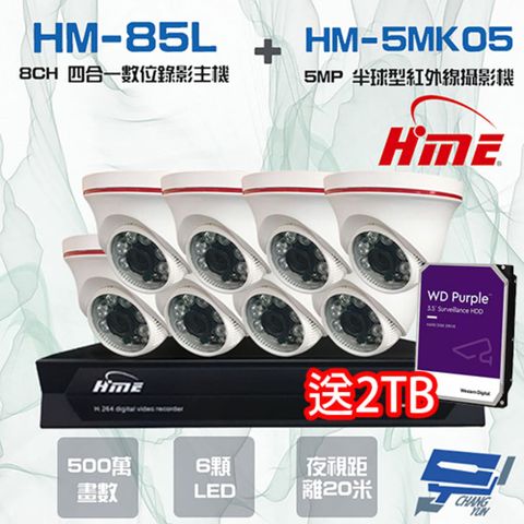 昌運監視器 送2TB 環名監視器組合 HM-NT85L 8路數位錄影主機+HM-5MK05 500萬 6LED 紅外線半球型攝影機*8