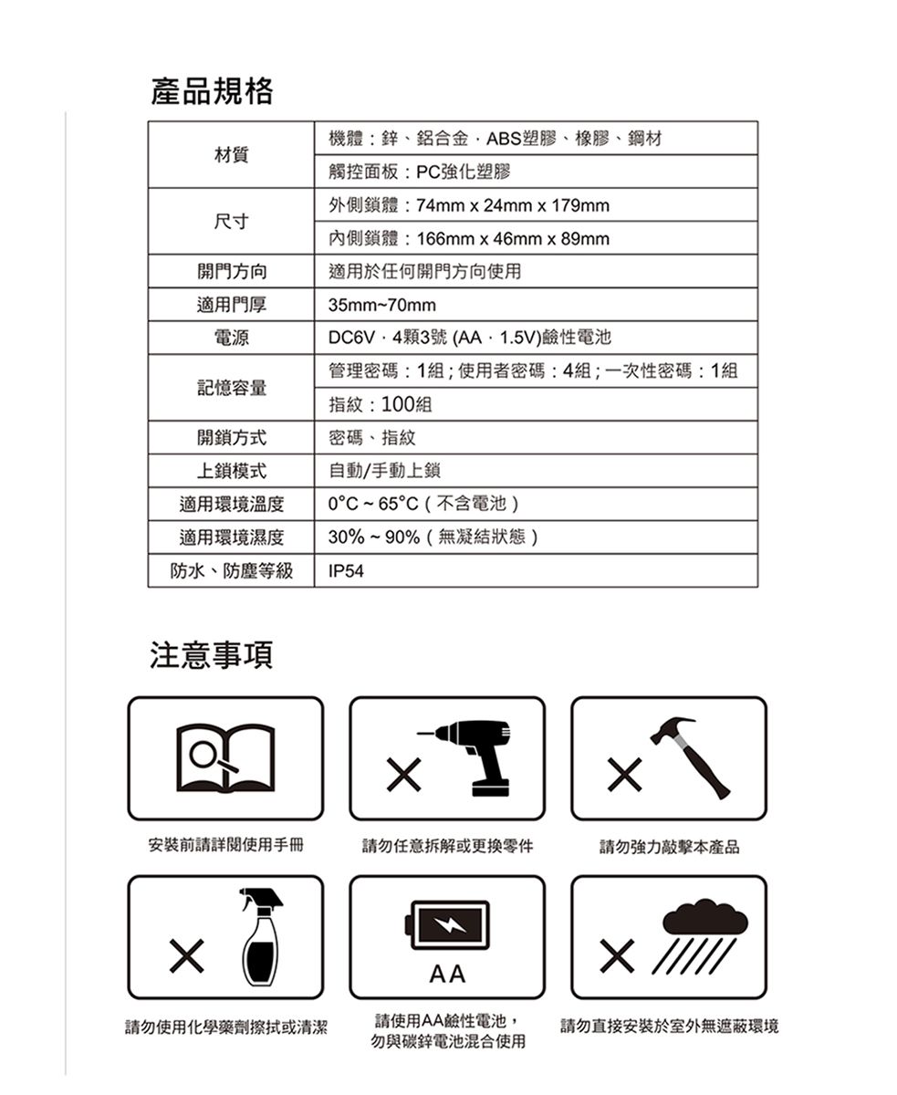 產品規格材質機體:鋅鋁合金、ABS塑膠、橡膠、鋼材觸控面板:PC強化塑膠外側鎖體:74mm24mm179mm尺寸內側鎖體:166mm46mmx89mm開門方向適用門厚電源適用於任何開門方向使用35mm~7mm顆3號()鹼性電池記憶容量管理密碼:1組;使用者密碼:4組;一次性密碼:1組指紋:100組開鎖方式密碼、指紋上鎖模式自動/手動上鎖適用環境溫度適用環境濕度防水、防塵等級0C~65(不含電池)30%~90%(無凝結狀態 )IP54注意事項安裝前請詳閱使用手冊請勿任意拆解或更換零件請勿強力本產品xAAx請勿使用化學藥劑擦拭或清潔請使用AA鹼性電池,勿與碳鋅電池混合使用請勿直接安裝於室外無遮蔽環境