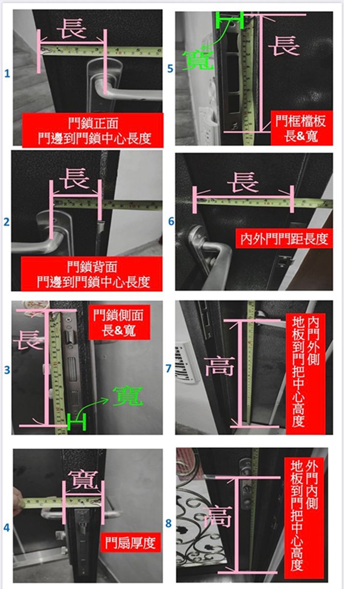 12長鎖正面邊鎖長度5長框檔板長&寬長6門門距長度門鎖背面門邊門鎖長度門鎖側面長長&寬3高寬寬84門扇厚度高內門外門到門中心到門中心