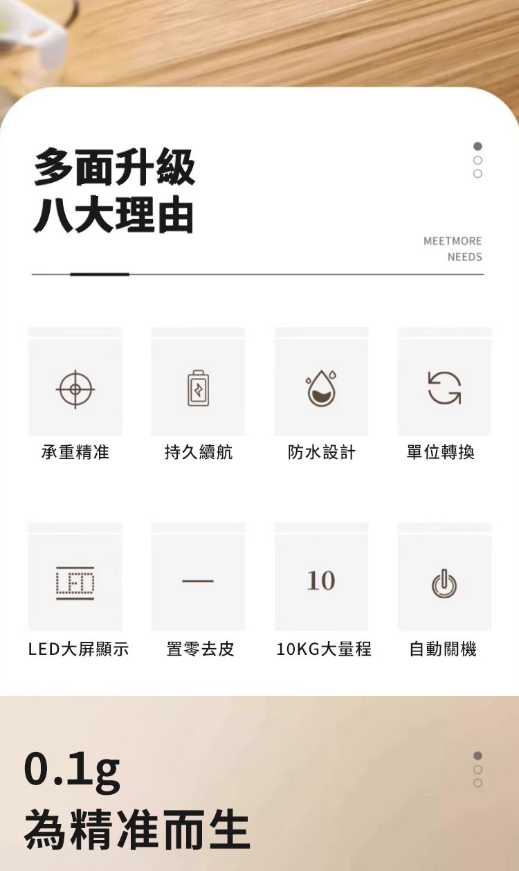 多面升級八大理由MEETMORENEEDS承重精准持久續航防水設計單位轉換LED10LED大屏顯示 置零去皮10KG大量程自動關機0.1g為精准而生