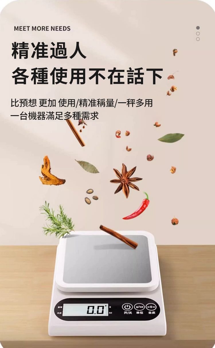 MEET MORE NEEDS精准過人各種使用不在話下比預想 更加 使用精准稱量/一秤多用一台機器滿足多種需求/ 开/关单位 去皮