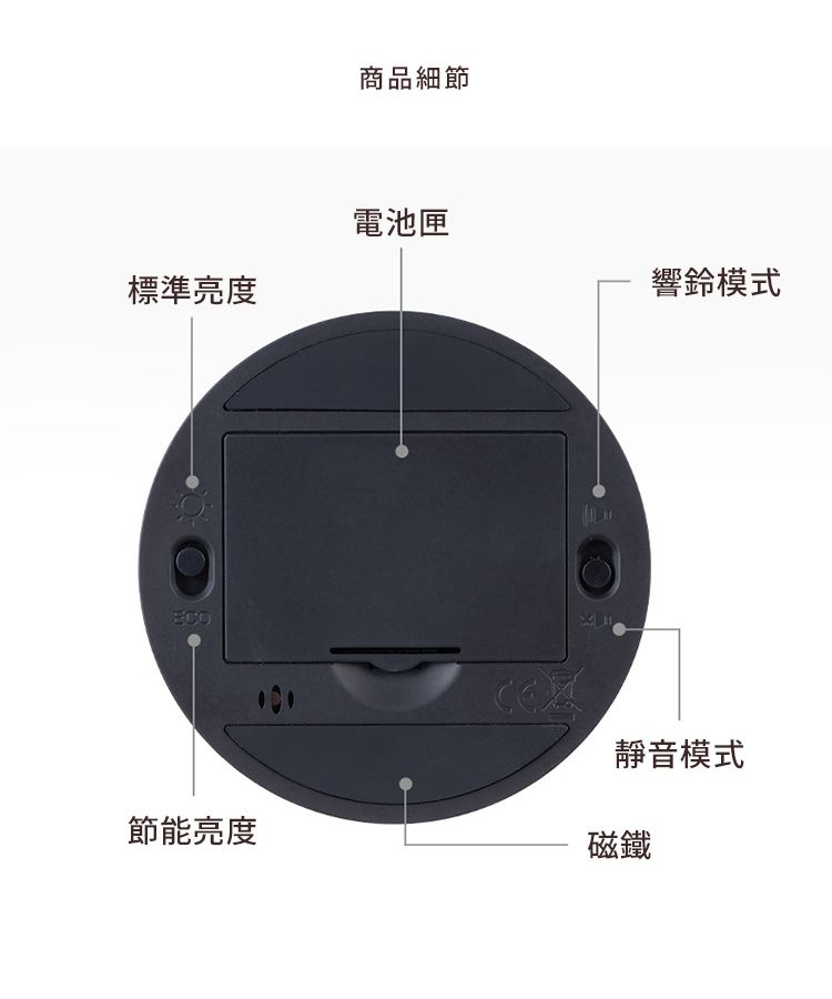 標準亮度節能亮度商品細節電池匣響鈴模式靜音模式磁鐵