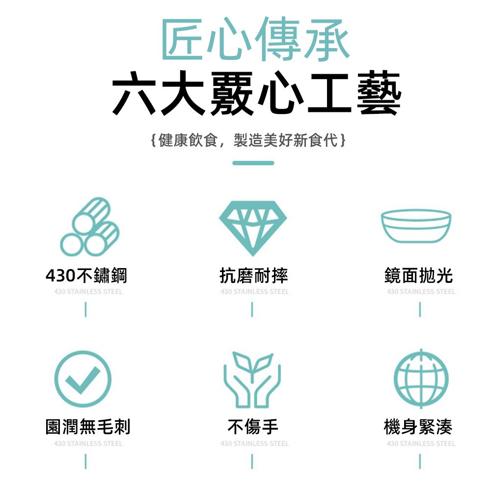 匠心傳承六大覈心工藝{健康飲食,製造美好新食代}430不鏽鋼抗磨耐摔鏡面拋光430 STAINLESS STEEL430 STAINLESS STEEL430 STAINLESS STEEL園潤無毛刺430 STAINLESS STEEL不傷手機身緊湊430 STAINLESS STEEL430 STAINLESS STEEL