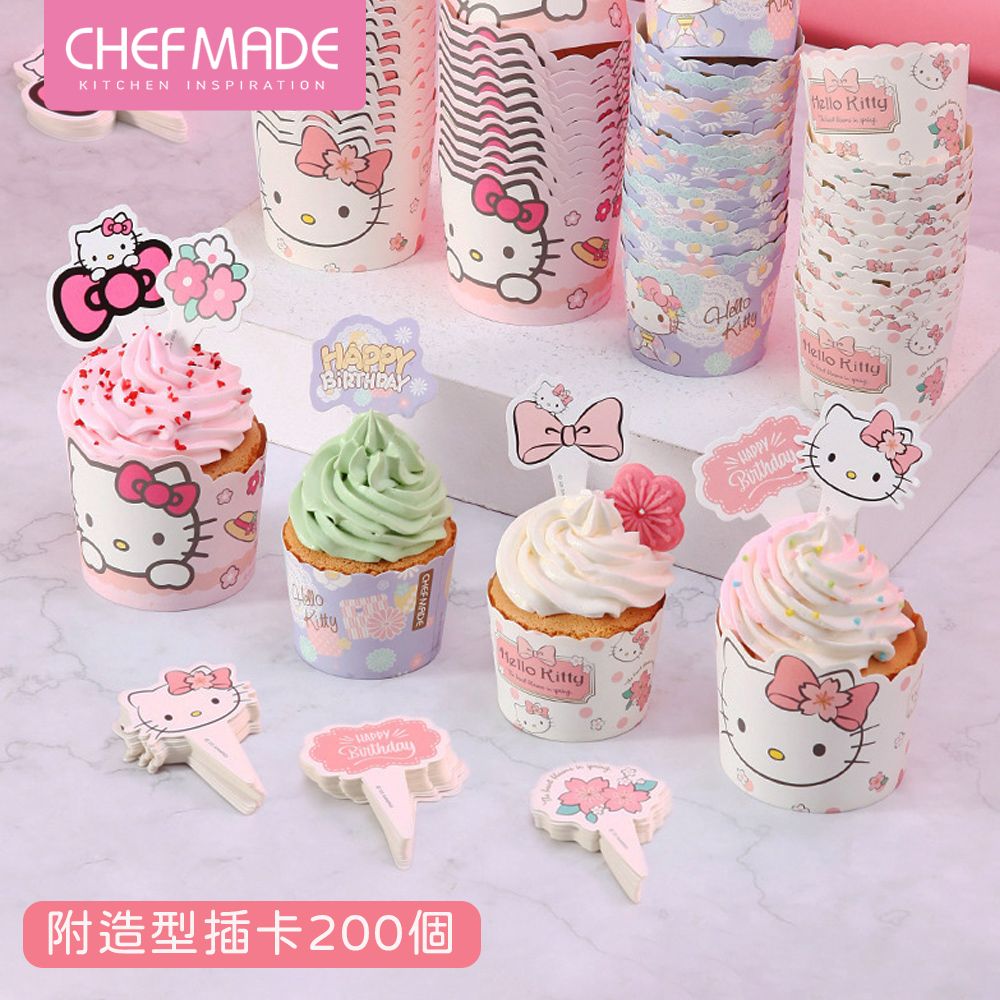 Chefmade 【美國】Hello kitty 凱蒂貓造型 升級款 含插卡 烘焙杯子蛋糕紙模 -100入(CM099)