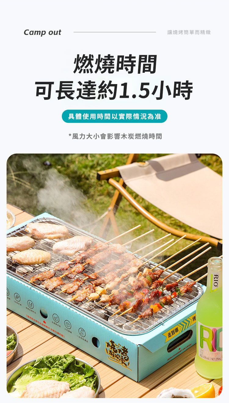 Camp out燃燒時間讓燒烤簡單而精緻可長達約1.5小時具體使用時間以實際情況為准*力大小會影響木炭燃燒時間③IO走到風烤R