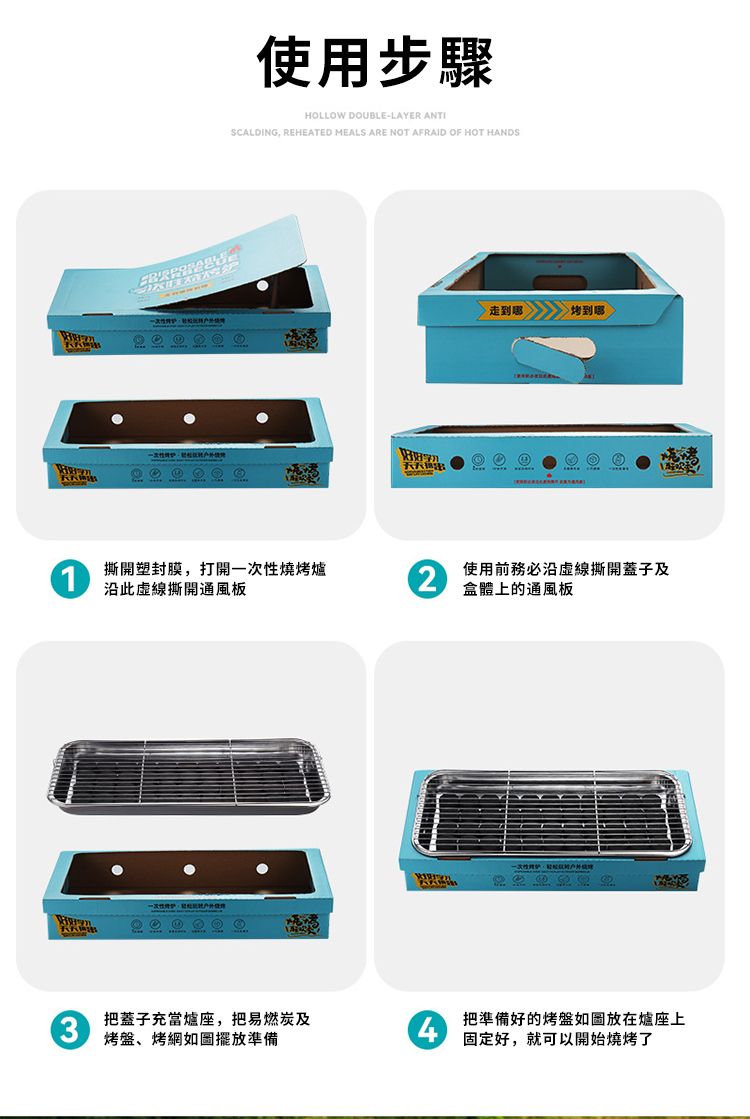 使步驟HOLLOW DOUBLE-LAYER ANTISCALDING REHEATED MEALS ARE NOT AFRAID OF HOT HANDS天天出走到哪烤到哪1撕開塑封膜打開燒烤爐此虛線撕開通風板2使用前務必沿虛線撕開蓋子及盒體上通風板一次性用,的3把蓋子充當爐座,把易燃炭及4把準備好的烤盤如圖放在爐座上烤盤、烤網如圖擺放準備固定好,就可以開始燒烤了