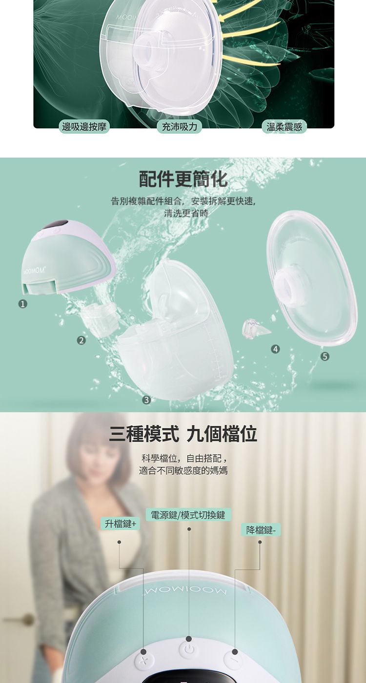 邊吸邊按摩充沛吸力溫柔震感配件更簡化告別複雜配件組合,安裝拆解更快速,清洗更省時3三種模式 九個檔位科學檔位,自由搭配,適合不同敏感度的媽媽電源鍵/模式切換鍵升檔鍵+降檔鍵-