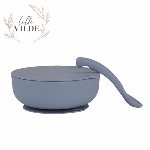 丹麥 By Lille Vilde 防滑矽膠吸盤碗(含蓋附湯匙) 灰藍款