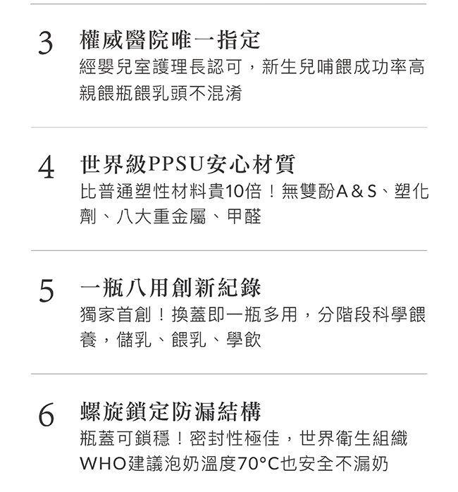 3 權威醫院唯一指定經嬰兒室護理長認可,新生兒哺餵成功率高親餵瓶餵乳頭不混淆4 世界級PPSU安心材質比普通塑性材料貴10倍!無雙酚A&S、塑化劑、八大重金屬、甲醛5 一瓶八用創新紀錄獨家首創!換蓋即一瓶多用,分階段科學餵養,儲乳、餵乳、學飲6 螺旋鎖定防漏結構瓶蓋可鎖穩!密封性極佳,世界衛生組織WHO建議泡奶70也安全不漏奶