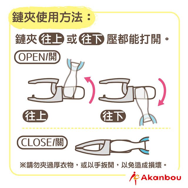 鏈夾使用方法:鏈夾往上或壓都能打開。OPEN開往上CLOSE關往下請勿夾過厚衣物,或以手,以免造成損壞。Akanbou