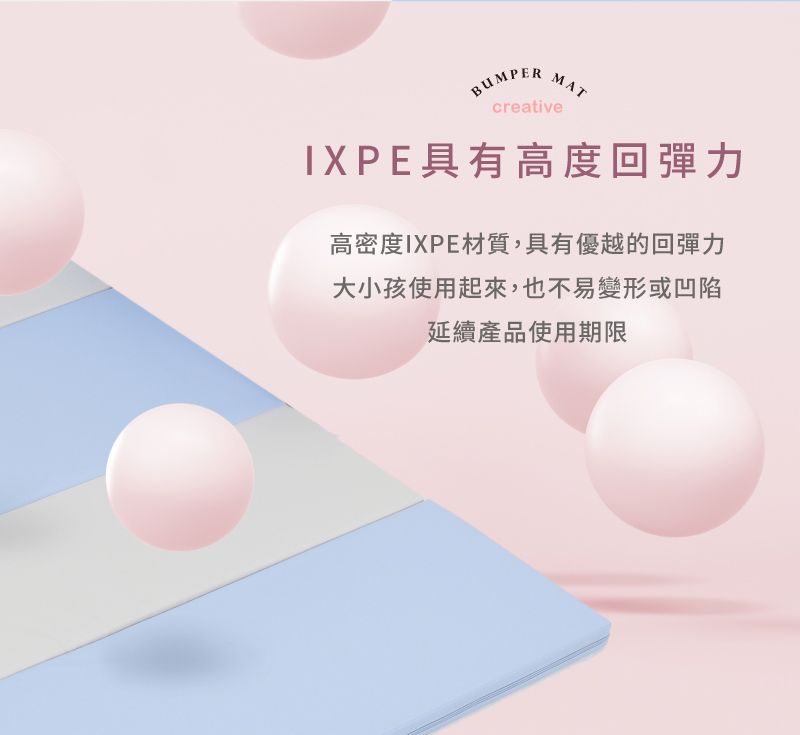 BUMPERMATcreativeIXPE具有高度回彈力高密度IXPE材質,具有優越的回彈力大小孩使用起來,也不易變形或凹陷延續產品使用期限