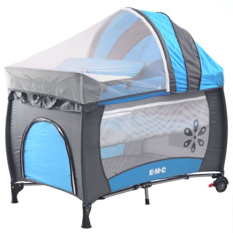 《符合台灣CNS11676檢驗合格產品》EMC 雙層安全嬰兒床(具遊戲功能)(平安藍)附贈尿布台、遮光罩與蚊帳