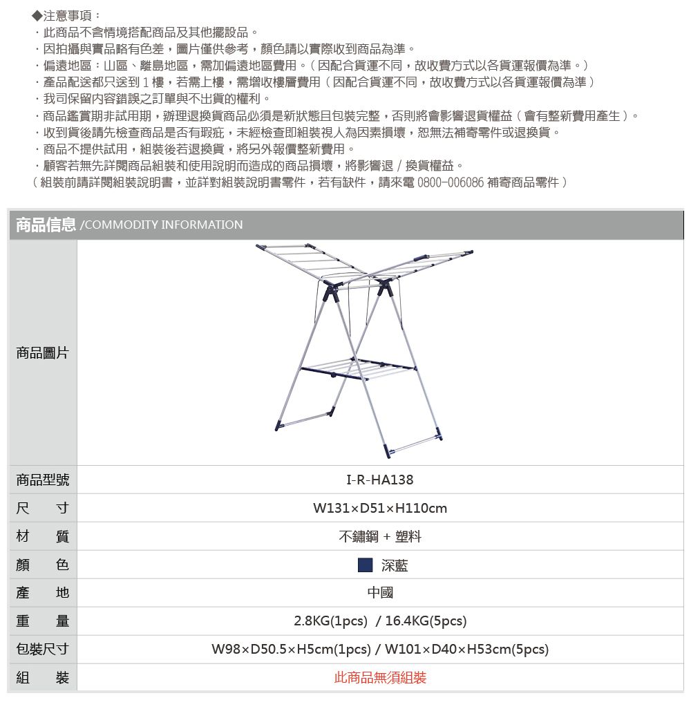 注意事項:此商品不含情境搭配商品及其他擺設品。拍攝與實品略有色差,圖片僅供參考,顏色請以實際收到商品為準。偏遠區:山區、離島地區,需加偏遠地區費用。(配合貨運不同,故收費方式以各貨運報價為準。)產品配送都只送到1樓,若需上樓,需增收樓層費用(因配合貨運不同,故收費方式以各貨運報價為準)·我司保留內容錯誤之訂單與不出貨的權利。商品鑑賞期非試用期,辦理退換貨商品必須是新狀態且包裝完整,否則將會影響退貨權益(會有整新費用產生)。收到貨後請先檢查商品是否有瑕疵,未經檢查即組裝視人為因素損壞,恕無法補寄零件或退換貨。商品不提供試用,組裝後若退換貨,將另外報價整新費用。·顧客若無先詳閱商品組裝和使用說明而造成的商品損壞,將影響退換貨權益。(組裝前請詳閱組裝說明書,並詳對組裝說明書零件,若有缺件,請來電0800-006086 補寄商品零件)商品信息 /COMMODITY INFORMATION商品圖片商品型號寸材 質顏 色I-R-HA138W131xD51xH110cm不鏽鋼 + 塑料深藍產 地 量包裝尺寸組 裝中國2.8KG(1pcs)/16.4KG(5pcs)D50.5H5cm(1pcs)/W101xD40xH53cm(5pcs)此商品無須組裝