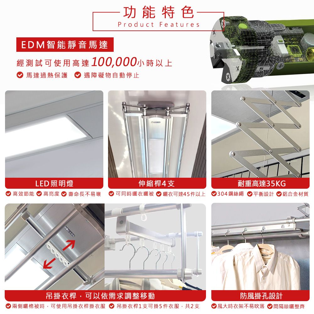 EDM智能靜音馬達-功能特色-Product Features經測試可使用高達 100,000小時以上馬達過熱保護 遇障礙物自動停止LED 照明燈高效節能 高亮度伸縮桿4支耐重高達35KG壽命長不易壞可同時衣被曬衣可達45件以上  304鋼絲繩 平衡設計 鋁合金材質吊掛衣桿,可以依需求調整移動防風掛孔設計 兩側曬棉被時,可使用吊掛衣桿掛衣服 吊掛衣桿1支可掛5件衣服,共2支 ●風大時衣架不易吹落 間隔晾曬整齊