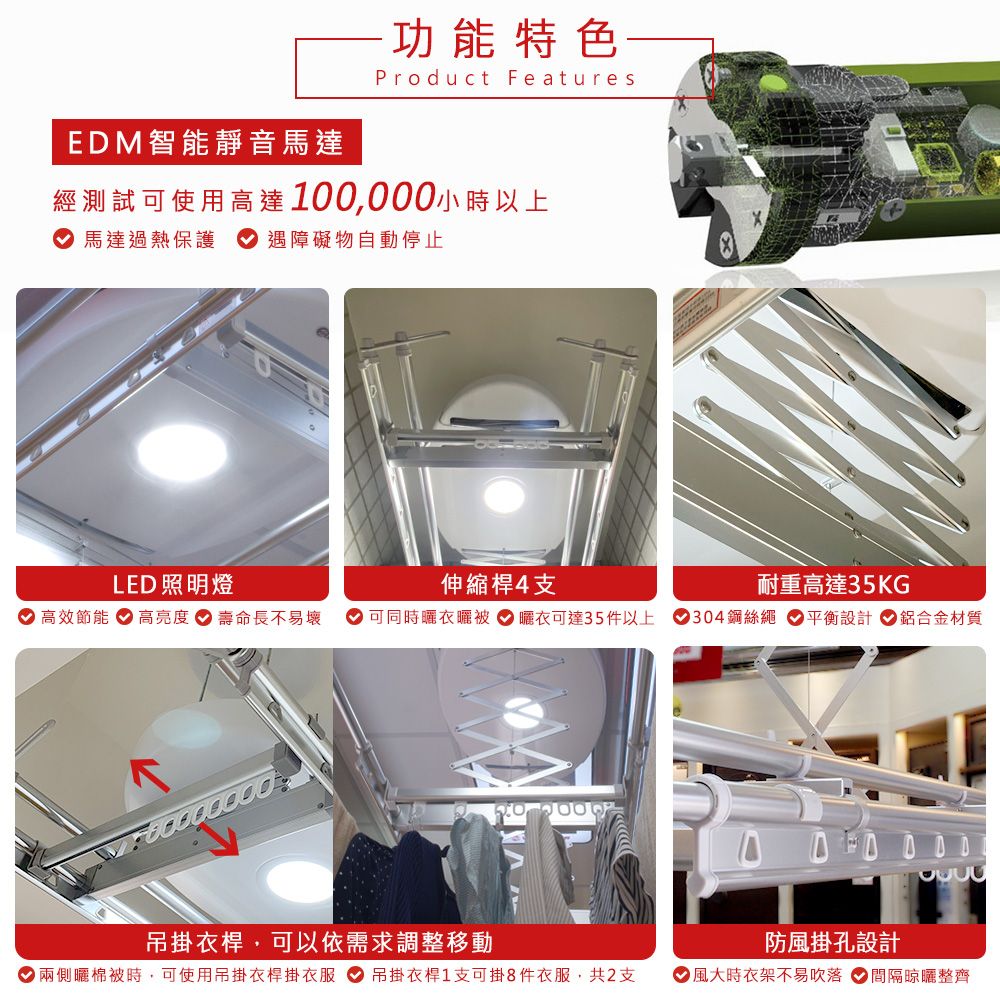 EDM智能靜音馬達-功能特色-Product Features經測試可使用高達 1,0小時以上馬達過熱保護 遇障礙物自動停止LED 照明燈伸縮桿4支耐重高達35KG高效節能 高亮度壽命長不易壞可同時 衣可達35件以上304鋼絲繩 平衡設計 鋁合金材質0  00 0吊掛衣桿,可以依需求調整移動防風掛孔設計 兩側棉被時,可使用吊掛衣桿掛衣服 吊掛衣桿1支可掛8件衣服,共2支  風大時衣架不易吹落 間隔晾曬整齊