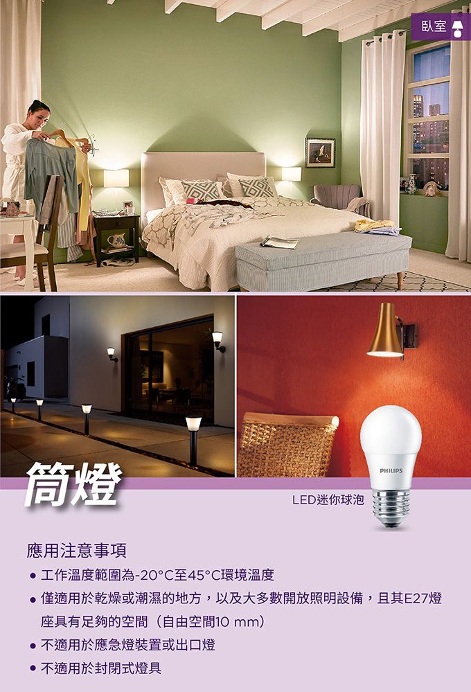 臥室筒燈應用注意事項工作溫度範圍為-20°C至45環境溫度LED迷你泡PHILIPS僅適用於乾燥或潮濕的地方,以及大多數開放照明設備,且其E27燈座具有足夠的空間(自由空間 ) 不適用於應急燈裝置或出口燈 不適用於封閉式燈具