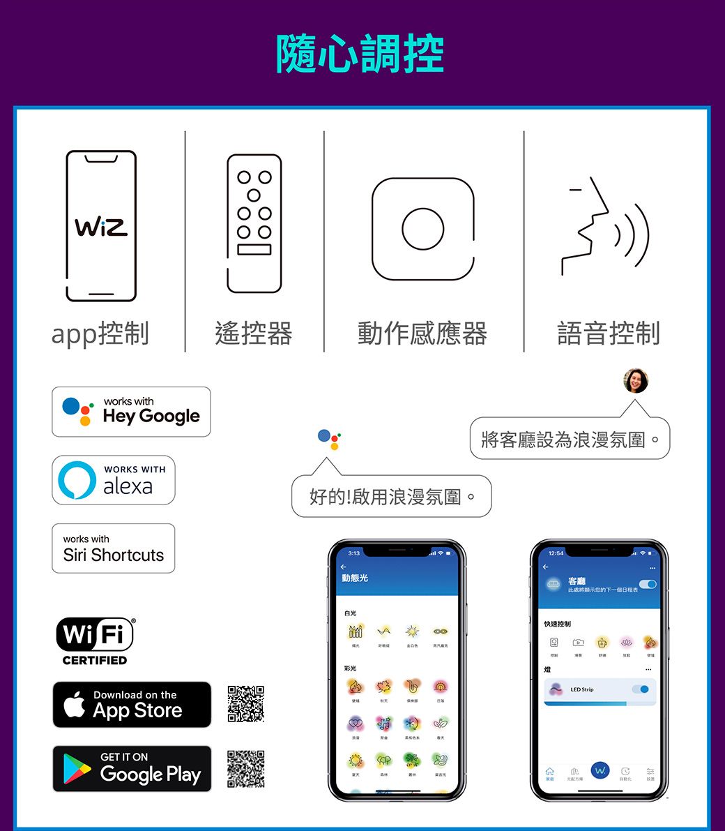 隨心調控app控制遙控器 動作感應器works withHey GoogleORKS WITHalexaworks withSiri ShortcutsWi FiERTIFIEDDownload on thepp StoreGET IT ONGoogle Play好的!啟用浪漫氛圍。動態光白光A彩光 語音控制將客廳設為浪漫氛圍。12:54快速控制燈客廳此處將顯示的下一個日程表LED StripWCA