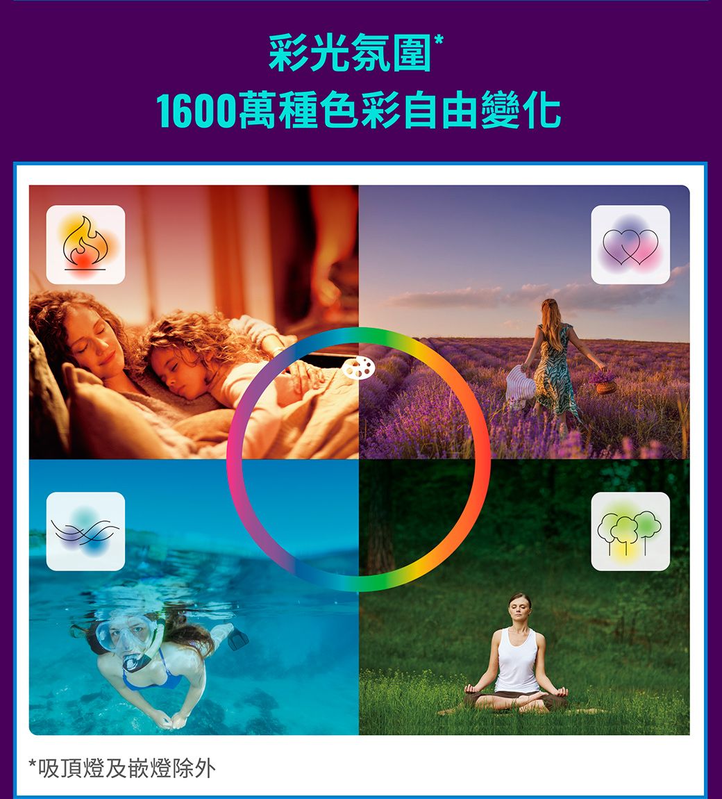 彩光氛圍*1600萬種色彩自由變化*吸頂燈及嵌燈除外