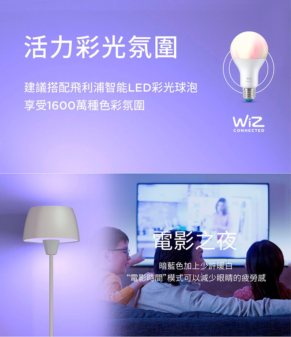 活力彩光氛圍建議搭配飛利浦智能LED彩光球泡享受1600萬種色彩氛圍CONNECTED電影之夜暗藍色加上少許暖白“電影時間”模式可以減少眼睛的疲勞感