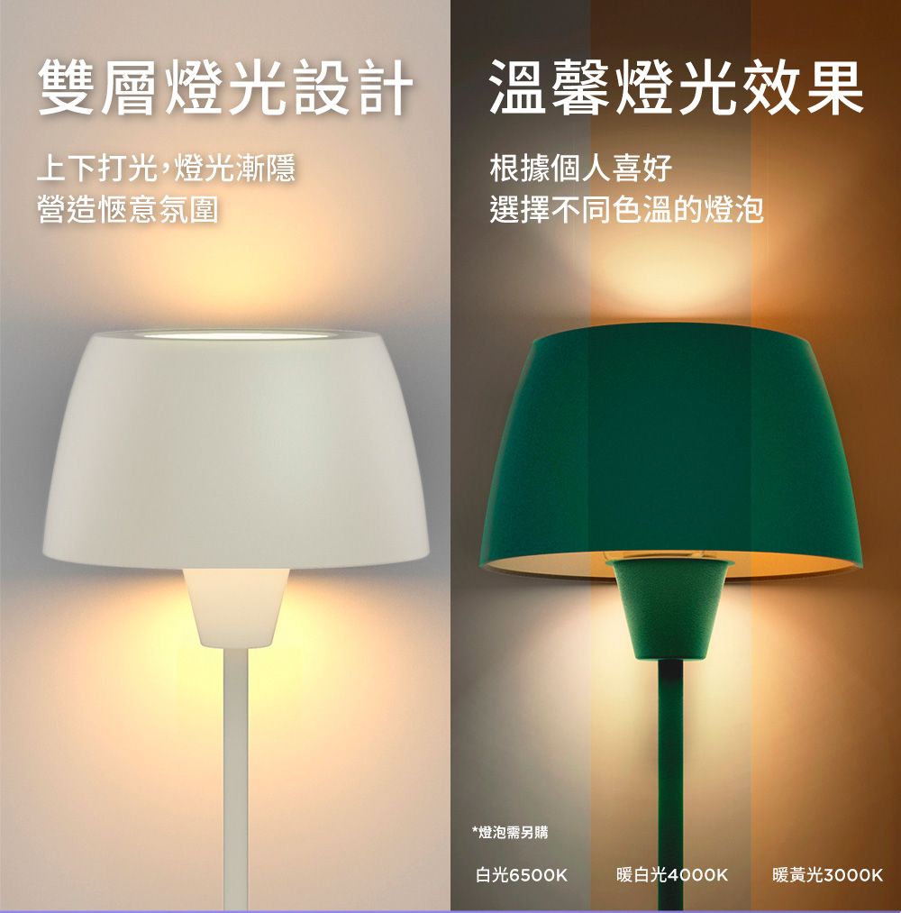 雙層燈光設計 溫馨燈光效果上下打光,燈光漸隱營造愜意氛圍根據個人喜好選擇不同色溫的燈泡*燈泡需另購白光6500K暖白光4000K暖黃光