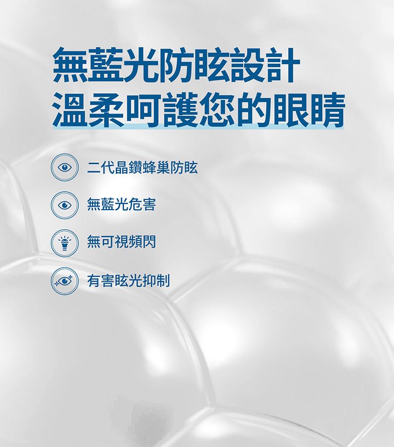 無藍光防眩設計溫柔呵護您的眼睛二代晶鑽蜂巢防眩無藍光危害無可視頻閃有害眩光抑制