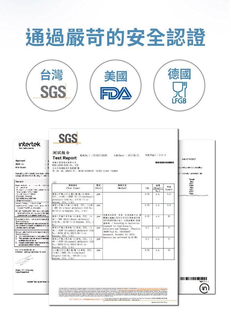 通過嚴苛的安全認證台灣美國德國GSFAFGBintertekSGS報告 Report T 2070 3 股份有限司        號7樓      DSTRT   單位測試结果Test L5   2             D       r      CAS    C Ih依據方法檢驗 1月21950407號公                  1 ) )/ 1) CAS  )   I )  14 (sodecyl ) (  ) (- C 1 ) for  Containers and  -  Food    13 )    /Sро918