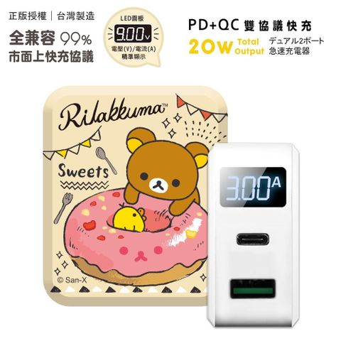 Rilakkuma 拉拉熊 【正版授權】 20W PD+QC3.0 LED螢幕數顯 雙孔急速充電器-甜甜圈