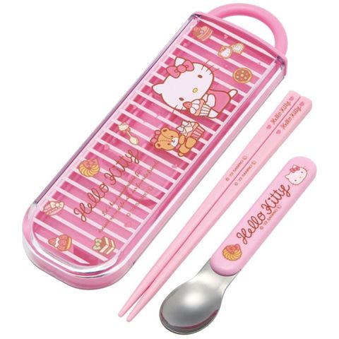 Hello Kitty 滑蓋兩件式餐具組 Ag+ (粉條紋款)