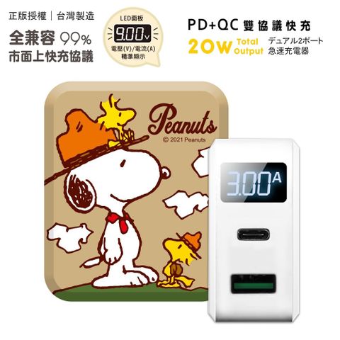 SNOOPY 史努比 【正版授權】 20W PD+QC3.0 LED螢幕數顯 雙孔急速充電器-登山趣