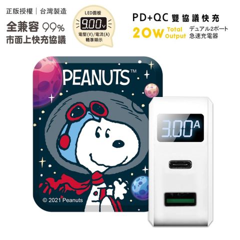 SNOOPY 史努比 【正版授權】 20W PD+QC3.0 LED螢幕數顯 雙孔急速充電器-燦爛星球