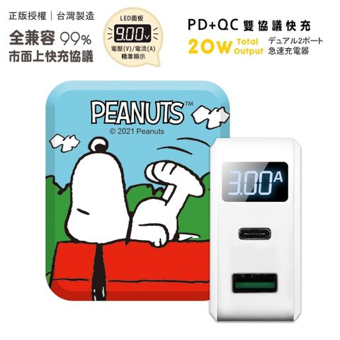 SNOOPY 史努比 【正版授權】 20W PD+QC3.0 LED螢幕數顯 雙孔急速充電器-午後瑜珈