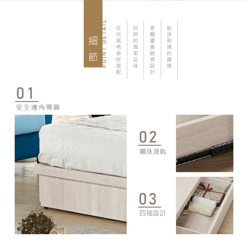 01安全邊角導圓節POINT DETAIL02鋼珠滑軌03四抽設計