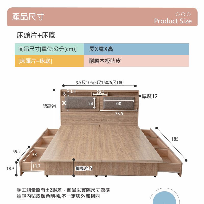 產品尺寸床頭片+床底商品尺寸[單位:公分(cm)]長X寬X高[床頭片+床底]耐磨木板貼皮3.5尺105/5尺150/6尺180Product Size83.529.5厚度1230總高94246073.559.25311.718.5 總高24.5手工測量略有誤差,商品以實際尺寸為準抽屜貼皮顏色隨機,不一定與外部相同185