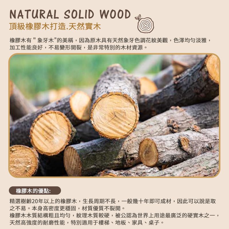 NATURAL SOLID WOOD頂級橡膠木打造.天然實木橡膠木有象牙木”的美稱,因為原木具有天然象牙色調花紋美觀,色澤均勻淡雅,加工性能良好,不易變形開裂,是非常特別的木材資源。橡膠木的優點:精選樹齡20年以上的橡膠木,生長周期不長,一般幾十年即可成材,因此可以說是取之不易。本身高密度更穩固,材質優質不裂開。橡膠木木質結構粗且均勻,紋理木質較硬,被公認為世界上用途最廣泛的硬實木之一,天然高強度的耐磨性能,特別適用于樓梯、地板、家具、桌子。