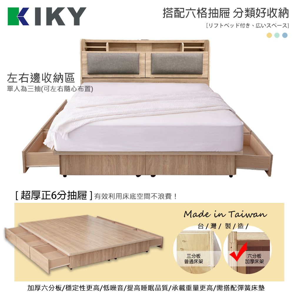 KIKY 伽羅夜燈插座收納二件組 雙人5尺(床頭箱+六分抽屜床底)