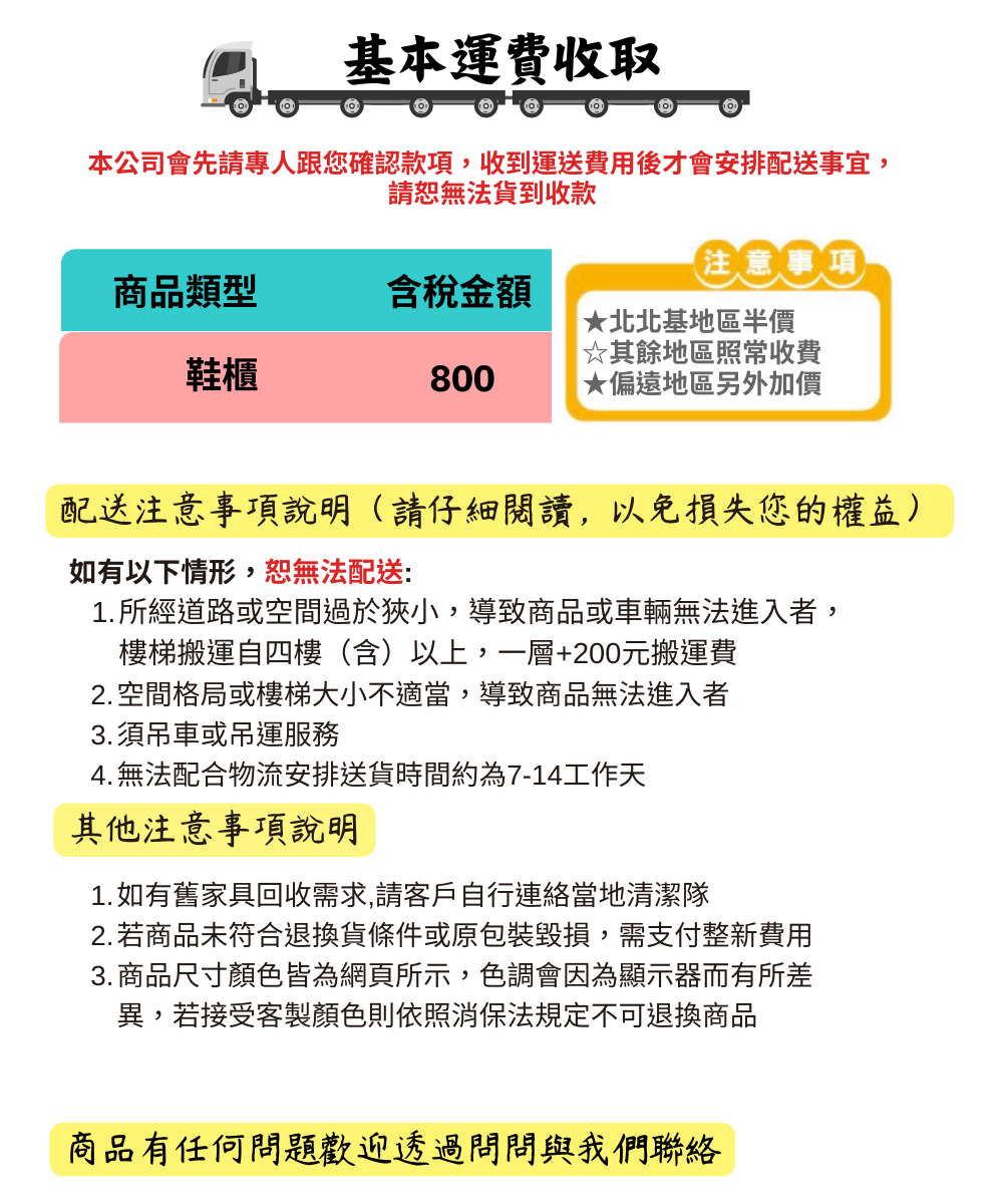 基本運費收取本公司會先請專人跟您確認款項收到運送費用後才會安排配送事宜,請恕無法貨到收款注意事項商品類型含稅金額★北北基地區半價☆其餘地區照常收費鞋櫃800★偏遠地區另外加價配送注意事項說明(請仔細閱讀,以免損失您的權益)如有以下情形,恕無法配送:1.所經道路或空間過於狹小,導致商品或車輛無法進入者,樓梯搬運自四樓(含)以上,一層+200元搬運費2. 空間格局或樓梯大小不適當,導致商品無法進入者3.須吊車或吊運服務4. 無法配合物流安排送貨時間約為7-14工作天其他注意事項說明1.如有舊家具回收需求,請客戶自行連絡當地清潔隊2.若商品未符合退換貨條件或原包裝毀損,需支付整新費用3. 商品尺寸顏色皆為網頁所示,色調會因為顯示器而有所差異,若接受客製顏色則依照消保法規定不可退換商品商品有任何問題歡迎透過問問與我們聯絡