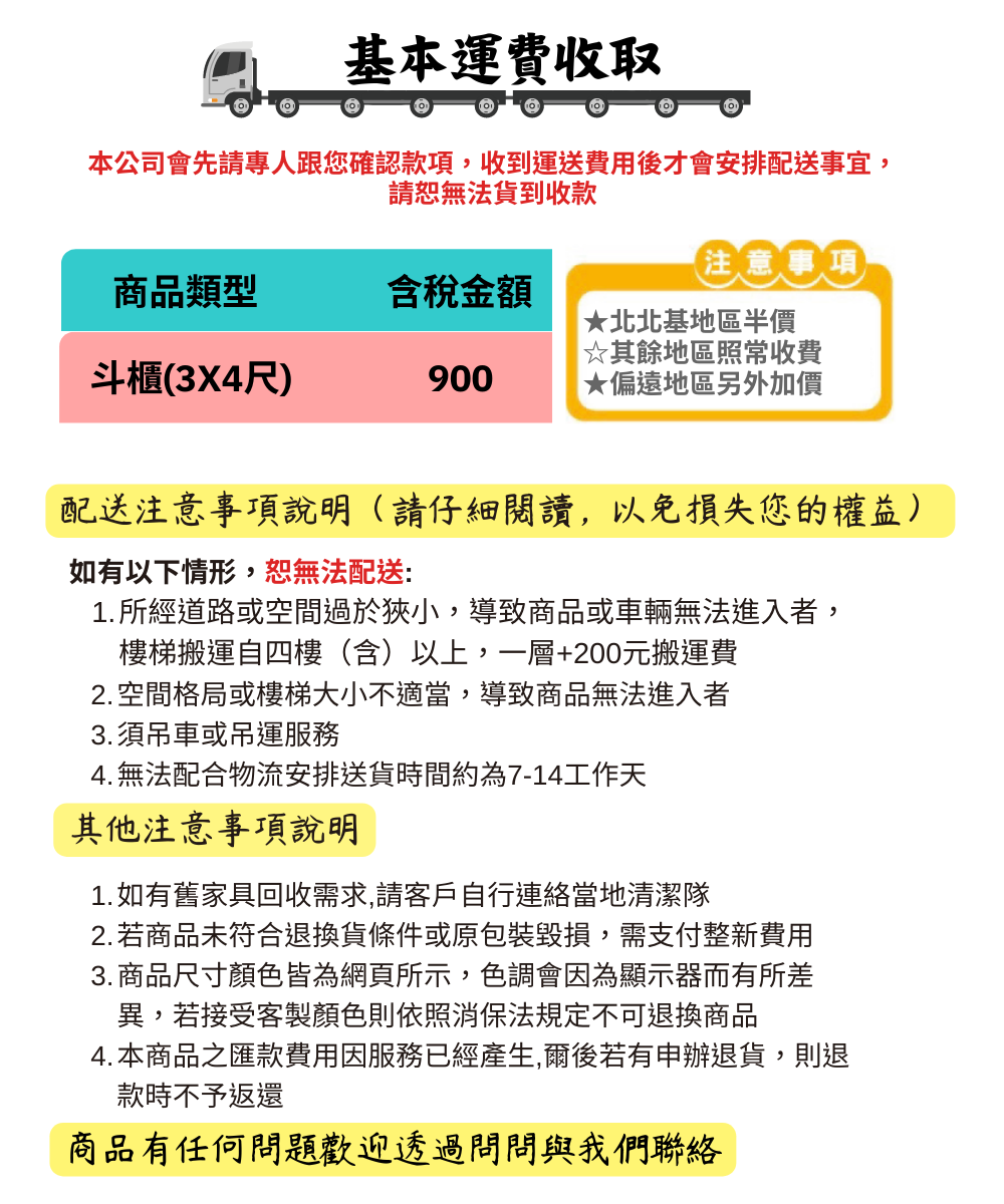 基本運費收取本公司會先請專人跟您確認款項收到運送費用後才會安排配送事宜,請恕無法貨到收款注意事項商品類型含稅金額★北北基地區半價☆其餘地區照常收費斗櫃(3X4尺)900★偏遠地區另外加價配送注意事項說明(請仔細閱讀,以免損失您的權益)如有以下情形,恕無法配送:1.所經道路或空間過於狹小,導致商品或車輛無法進入者,樓梯搬運自四樓(含)以上,一層+200元搬運費2. 空間格局或樓梯大小不適當,導致商品無法進入者3.須吊車或吊運服務4. 無法配合物流安排送貨時間約為7-14工作天其他注意事項說明1. 如有舊家具回收需求,請客戶自行連絡當地清潔隊2.若商品未符合退換貨條件或原包裝毀損,需支付整新費用3. 商品尺寸顏色皆為網頁所示,色調會因為顯示器而有所差異,若接受客製顏色則依照消保法規定不可退換商品4. 本商品之匯款費用因服務已經產生,爾後若有申辦退貨,則退款時不予返還商品有任何問題歡迎透過問問與我們聯絡