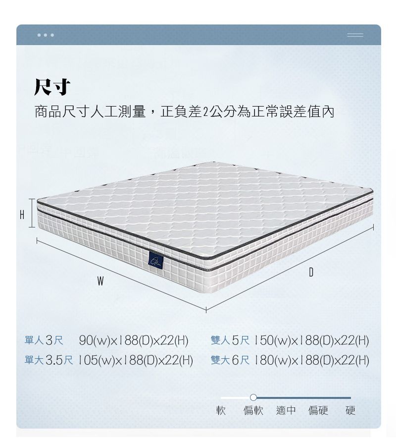尺寸商品尺寸人工測量,正負差2公分為正常誤差值內WD單大3.5尺 105(w)x188(D)x22(H)單人3尺 90(w)x188(D)x22(H) 雙人5尺150(w)x188(D)x22(H)雙大6尺180(w)x188(D)x22(H)軟 偏軟 適中 偏硬硬
