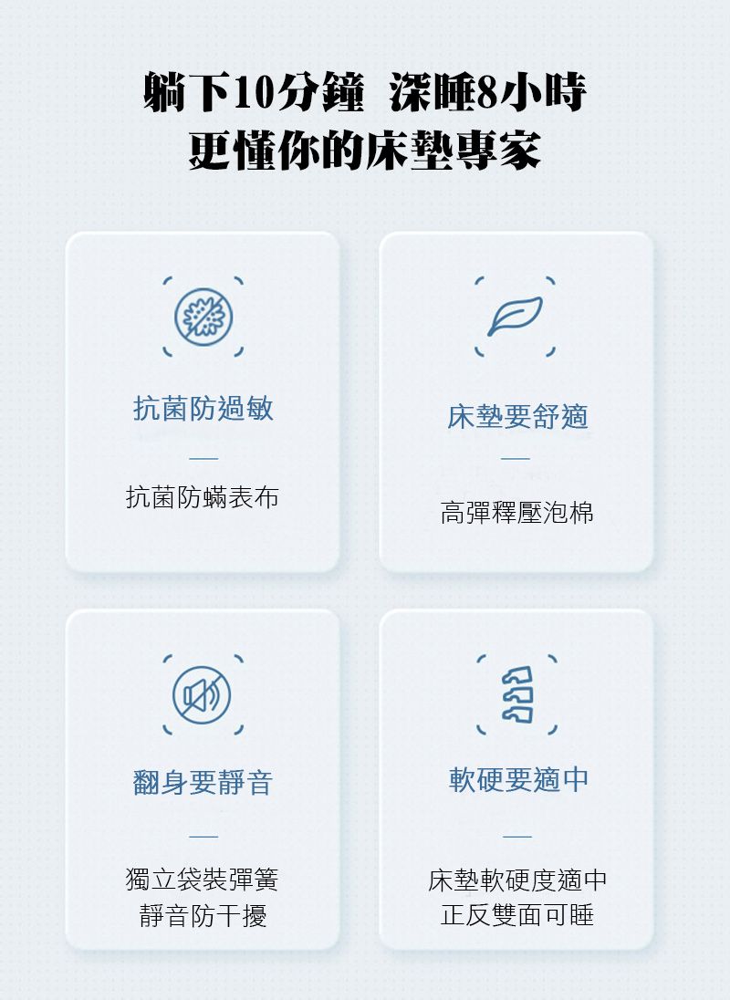 躺下10分鐘 深睡8小時更懂你的床墊專家抗菌防過敏床墊要舒適抗菌防蟎表布高彈釋壓泡棉翻身要靜音軟硬要適中獨立袋裝彈簧床墊軟硬度適中靜音防干擾正反雙面可睡