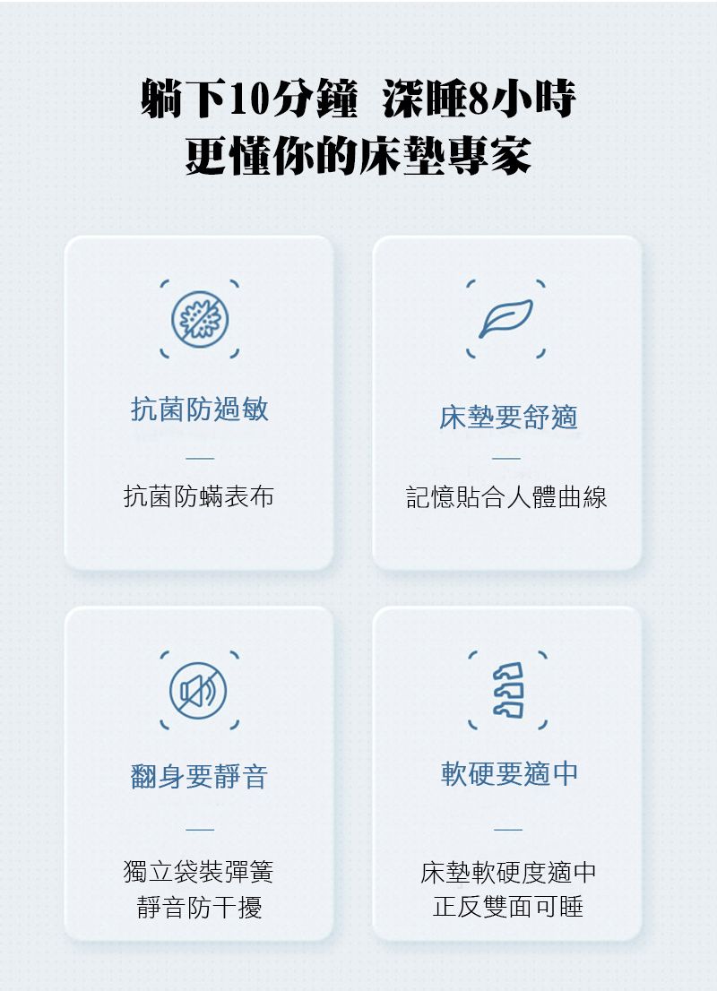 躺下10分鐘 深睡8小時更懂你的床墊專家抗菌防過敏床墊要舒適抗菌防蟎表布記憶貼合人體曲線翻身要靜音軟硬要適中獨立袋裝彈簧床墊軟硬度適中靜音防干擾正反雙面可睡