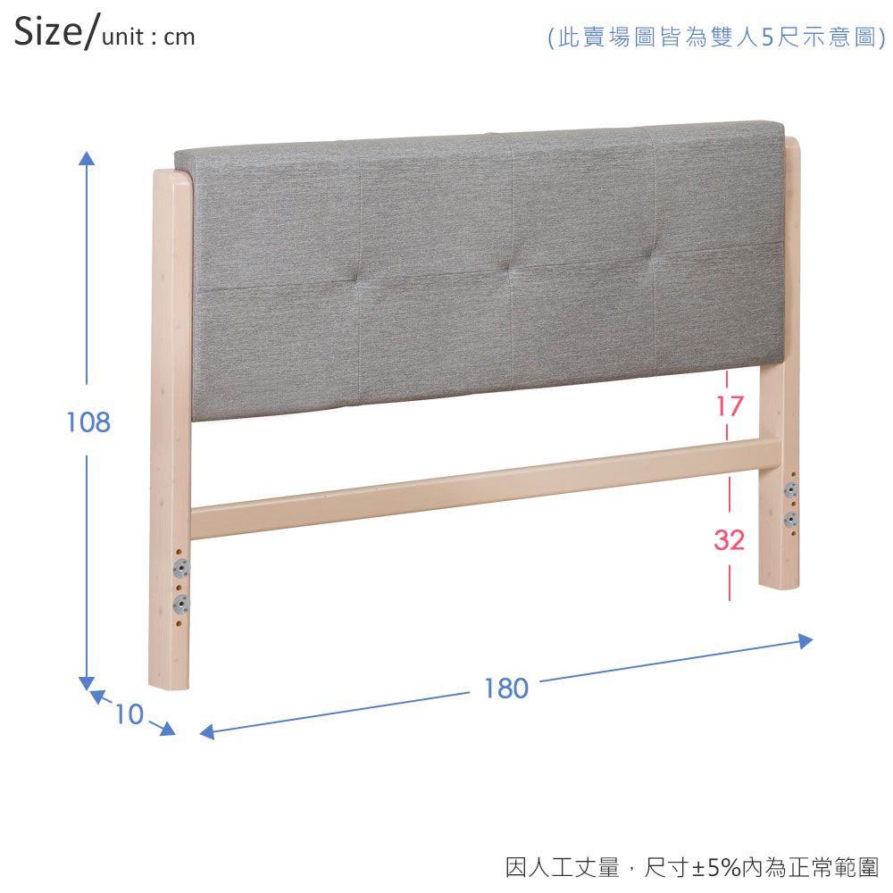 Size/unit:cm(此賣場圖皆為雙人5尺示意圖)1081801732因人工丈量,尺寸5%內為正常範圍