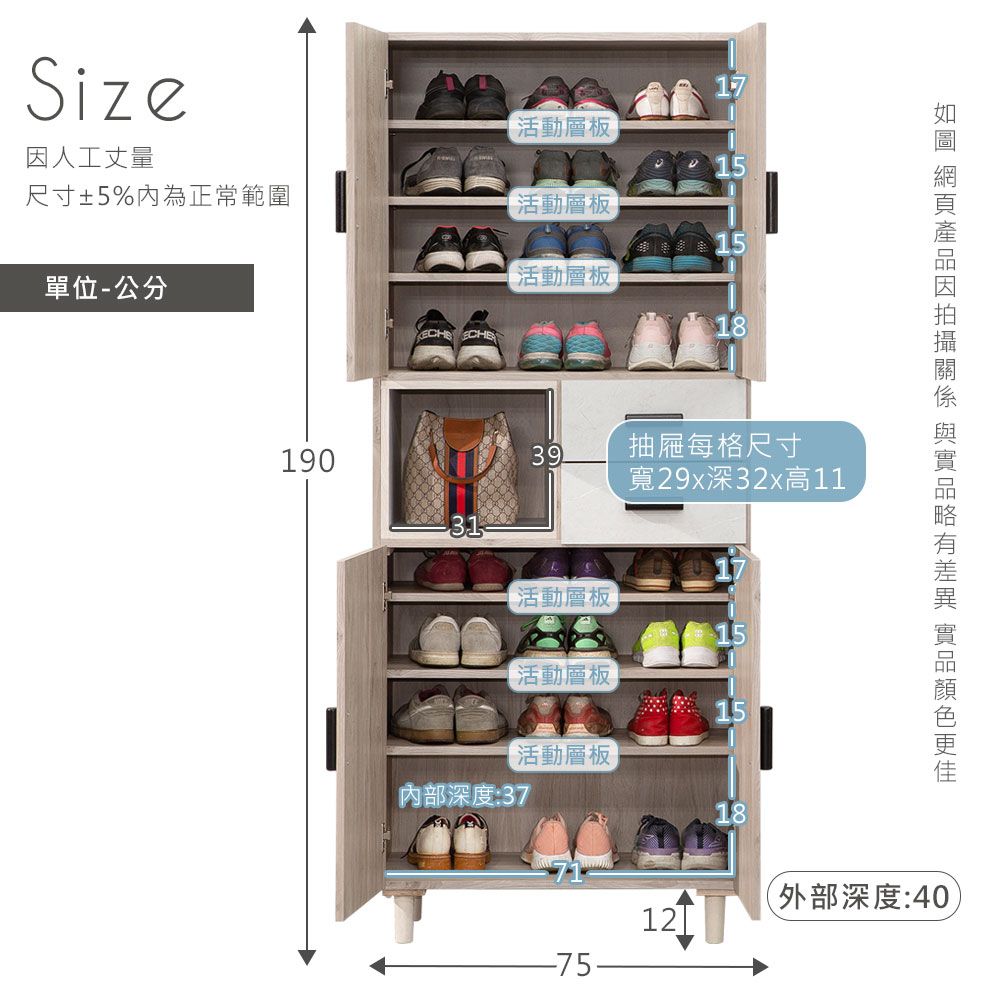 Size17活動層板 人工丈量 尺寸±5%內為正常範圍活動層板15單位-公分活動層板1839抽屜每格尺寸寬29x深32x高1119031活動層板【活動層板 15活動層板內部深度:3718-75-12 因  (外部深度:40