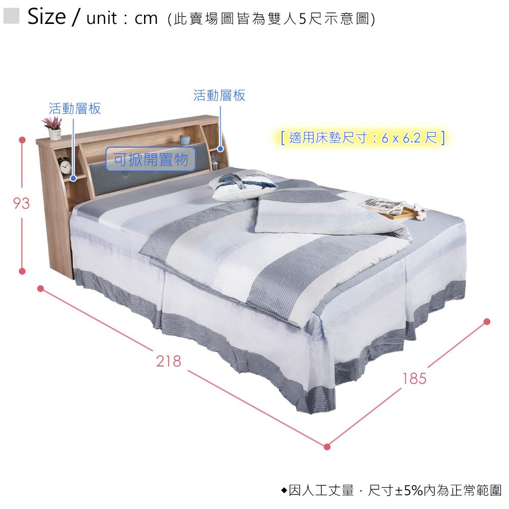 Size / unit:cm(此賣場圖皆為雙人5尺示意圖)活動層板活動層板適用床墊尺寸: 6x6.2尺]可掀開置物93218185因人工丈量,尺寸±5%內為正常範圍
